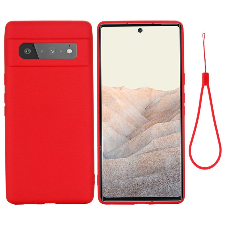 Silky-Soft Touch Liquid Silicone Full Body Protection Shockproof Cover Case with Strap for Google Pixel 6 Pro - Red