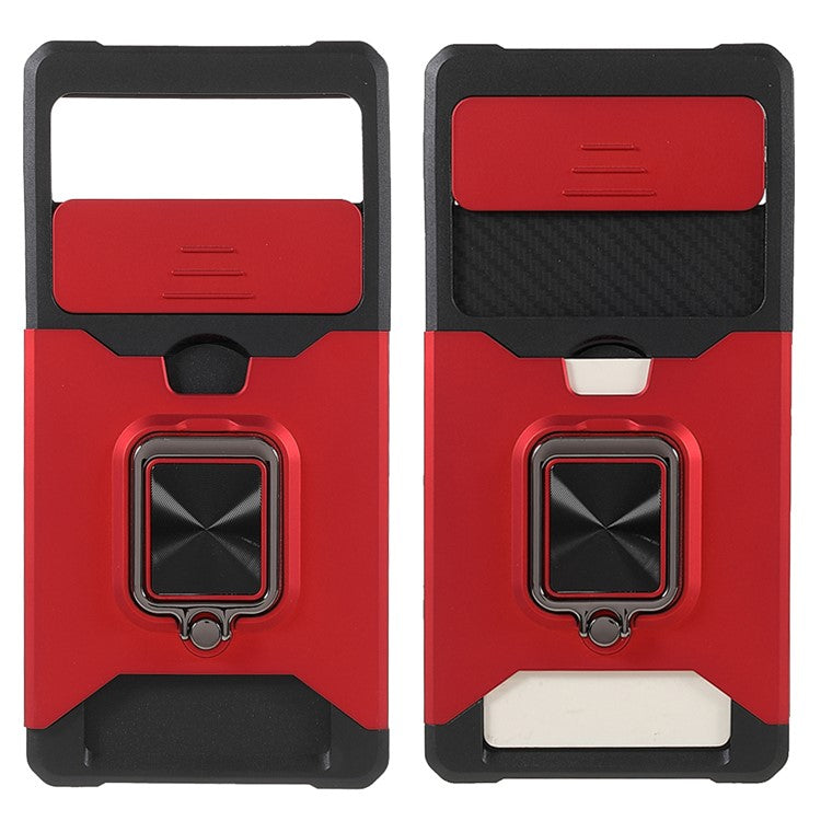 Ring Kickstand Hard PC + TPU 2-in-1 Shockproof Protective Case with Slide Camera Cover and Card Holder for Google Pixel 6 - Red