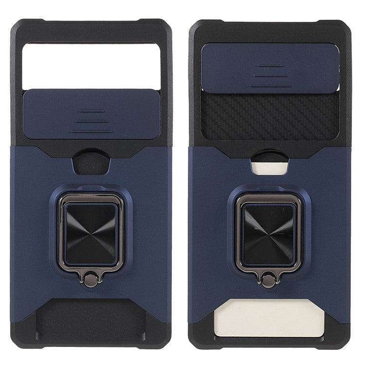 Ring Kickstand Hard PC + TPU 2-in-1 Shockproof Protective Case with Slide Camera Cover and Card Holder for Google Pixel 6 - Navy Blue