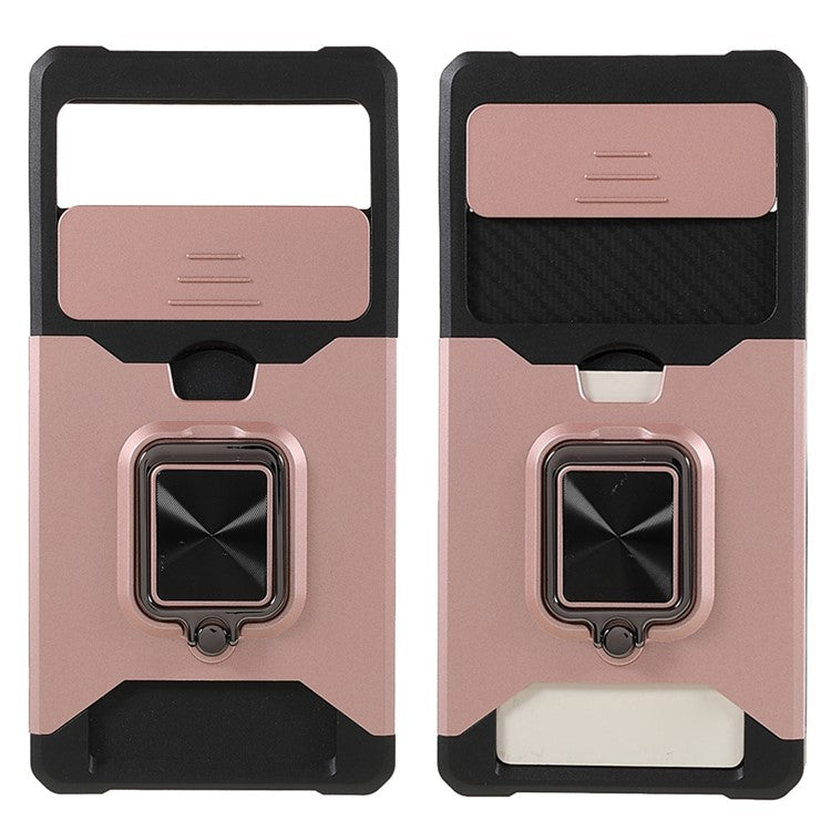 Ring Kickstand Hard PC + TPU 2-in-1 Shockproof Protective Case with Slide Camera Cover and Card Holder for Google Pixel 6 - Rose Gold