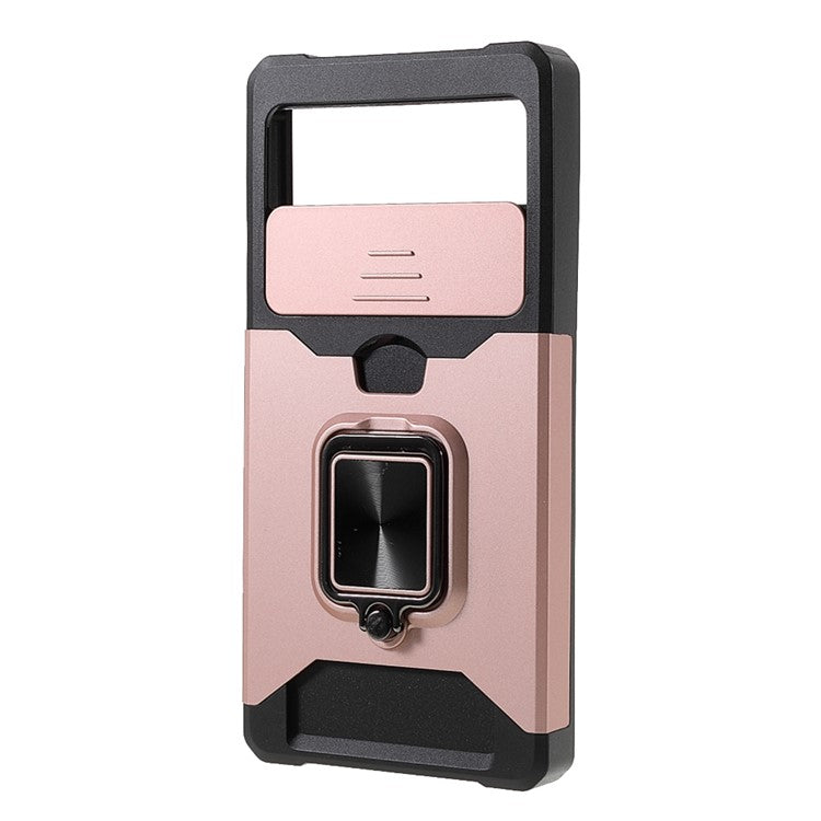 Ring Kickstand Hard PC + TPU 2-in-1 Shockproof Protective Case with Slide Camera Cover and Card Holder for Google Pixel 6 - Rose Gold