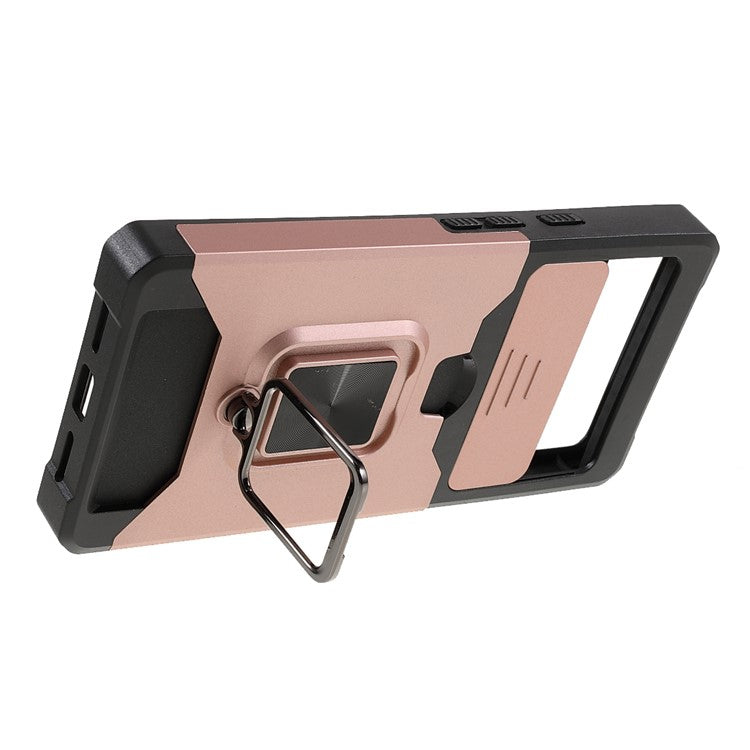 Ring Kickstand Hard PC + TPU 2-in-1 Shockproof Protective Case with Slide Camera Cover and Card Holder for Google Pixel 6 - Rose Gold