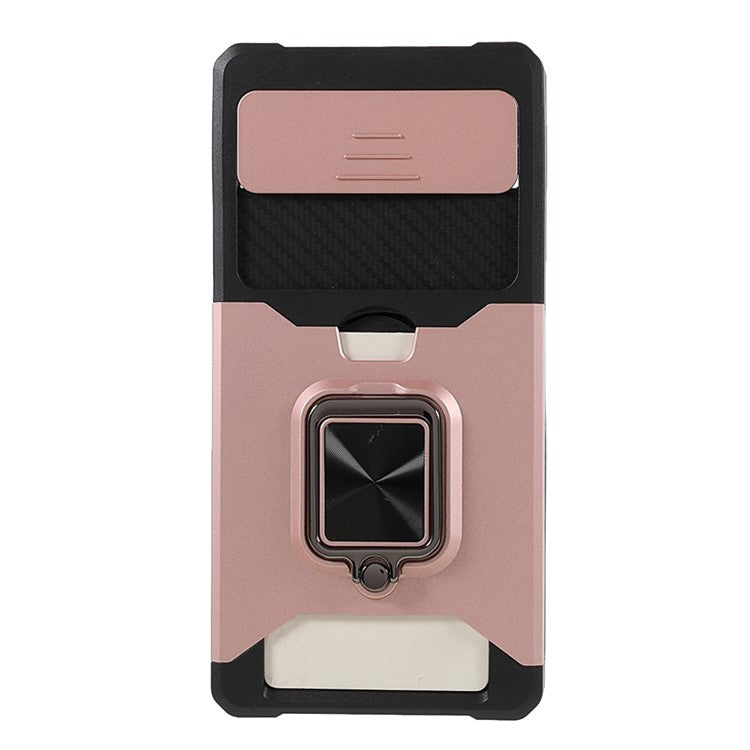 Ring Kickstand Hard PC + TPU 2-in-1 Shockproof Protective Case with Slide Camera Cover and Card Holder for Google Pixel 6 - Rose Gold