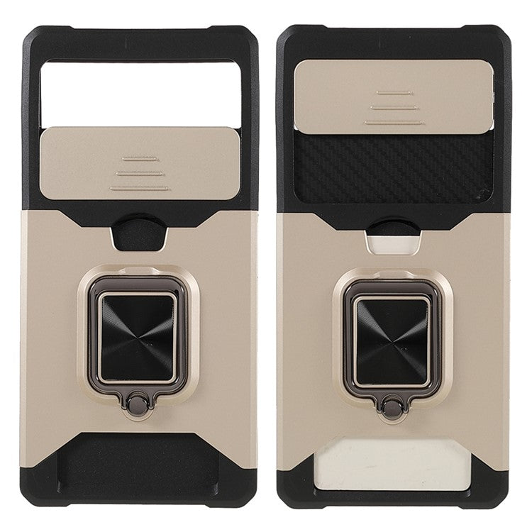 Ring Kickstand Hard PC + TPU 2-in-1 Shockproof Protective Case with Slide Camera Cover and Card Holder for Google Pixel 6 - Gold