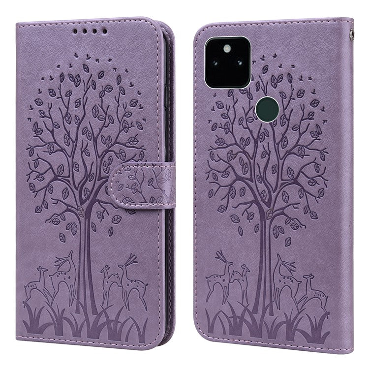 Tree and Deer Imprinted Wallet Stand Design All-round Protection Double-sided Magnetic Clasp Leather Phone Shell Case for Google Pixel 5a 5G - Purple