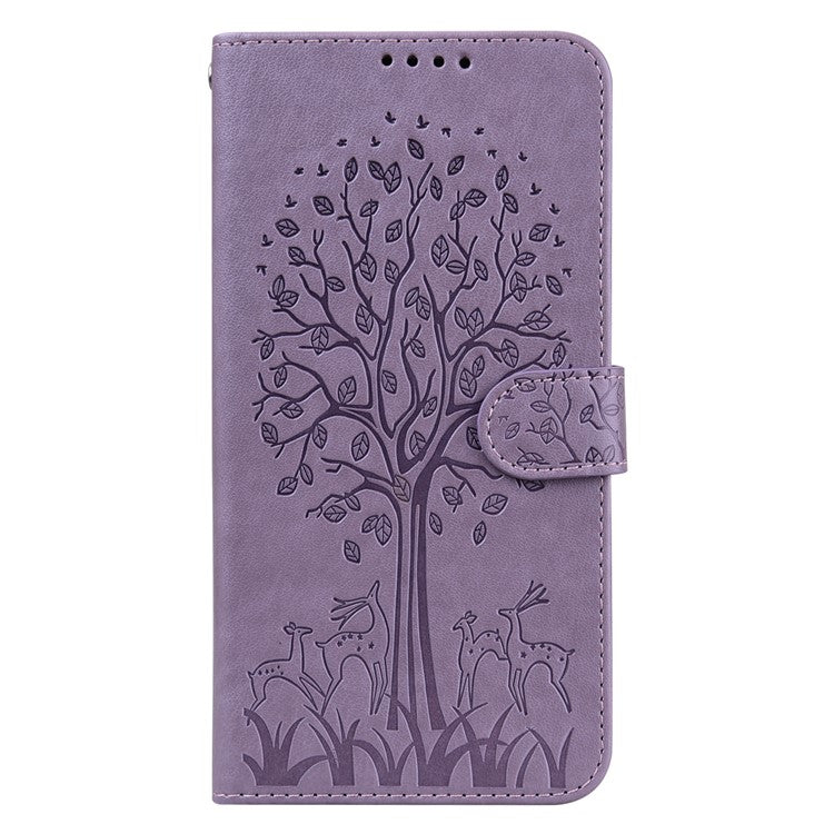 Tree and Deer Imprinted Wallet Stand Design All-round Protection Double-sided Magnetic Clasp Leather Phone Shell Case for Google Pixel 5a 5G - Purple