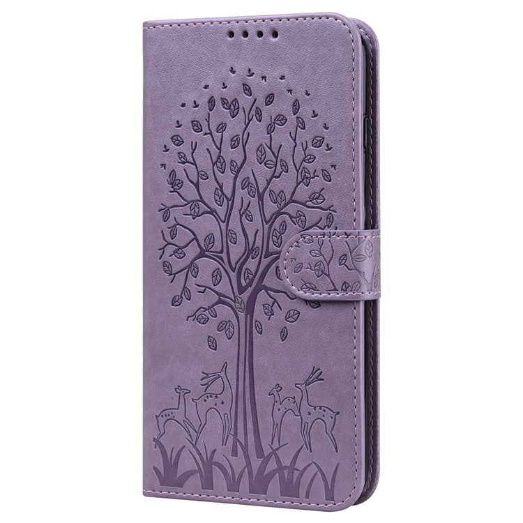 Tree and Deer Imprinted Wallet Stand Design All-round Protection Double-sided Magnetic Clasp Leather Phone Shell Case for Google Pixel 5a 5G - Purple