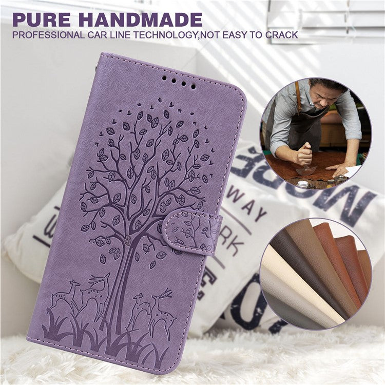 Tree and Deer Imprinted Wallet Stand Design All-round Protection Double-sided Magnetic Clasp Leather Phone Shell Case for Google Pixel 5a 5G - Purple