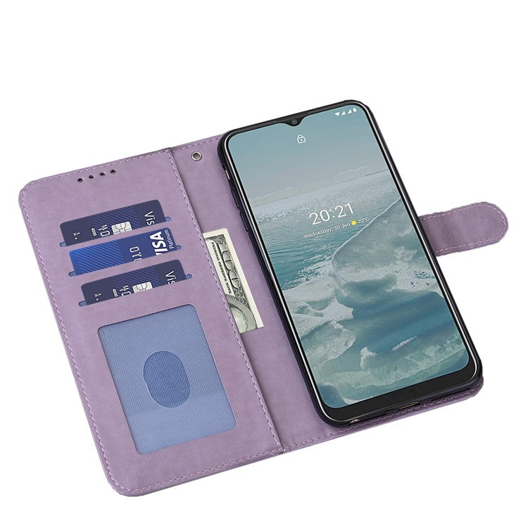 Tree and Deer Imprinted Wallet Stand Design All-round Protection Double-sided Magnetic Clasp Leather Phone Shell Case for Google Pixel 5a 5G - Purple