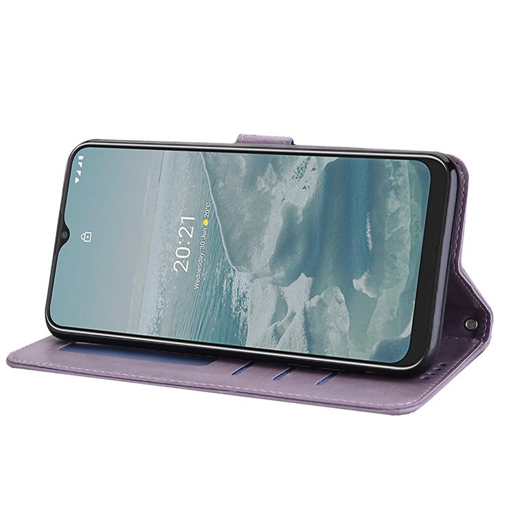 Tree and Deer Imprinted Wallet Stand Design All-round Protection Double-sided Magnetic Clasp Leather Phone Shell Case for Google Pixel 5a 5G - Purple