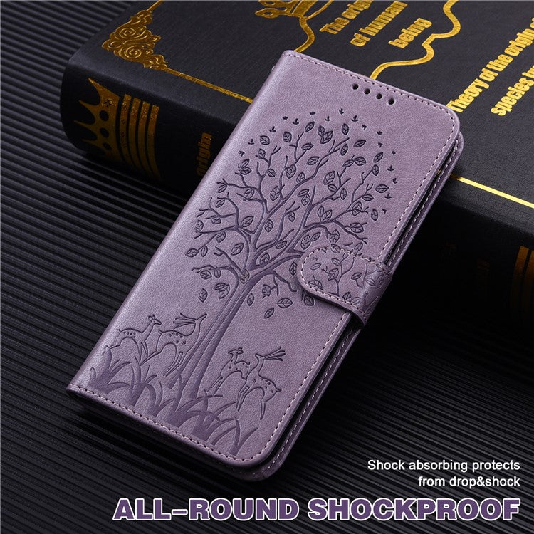 Tree and Deer Imprinted Wallet Stand Design All-round Protection Double-sided Magnetic Clasp Leather Phone Shell Case for Google Pixel 5a 5G - Purple