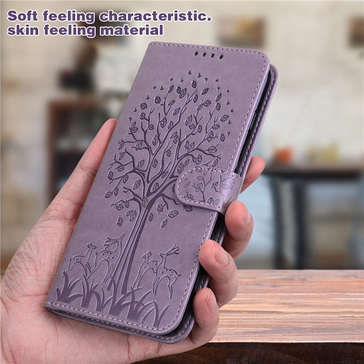 Tree and Deer Imprinted Wallet Stand Design All-round Protection Double-sided Magnetic Clasp Leather Phone Shell Case for Google Pixel 5a 5G - Purple