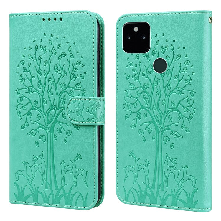 Tree and Deer Imprinted Wallet Stand Design All-round Protection Double-sided Magnetic Clasp Leather Phone Shell Case for Google Pixel 5a 5G - Green