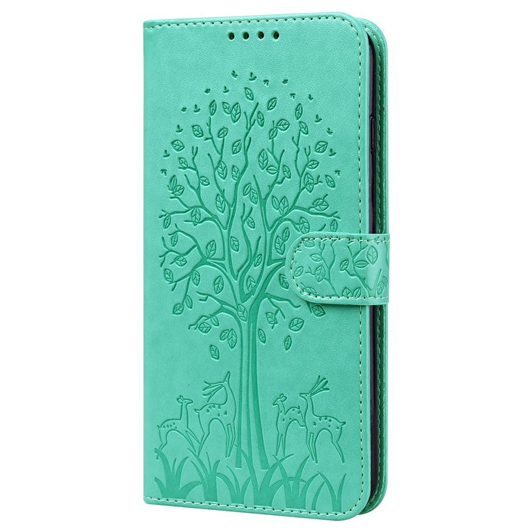 Tree and Deer Imprinted Wallet Stand Design All-round Protection Double-sided Magnetic Clasp Leather Phone Shell Case for Google Pixel 5a 5G - Green