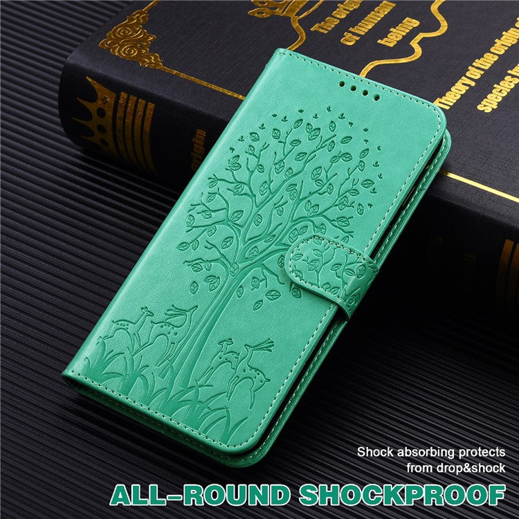 Tree and Deer Imprinted Wallet Stand Design All-round Protection Double-sided Magnetic Clasp Leather Phone Shell Case for Google Pixel 5a 5G - Green