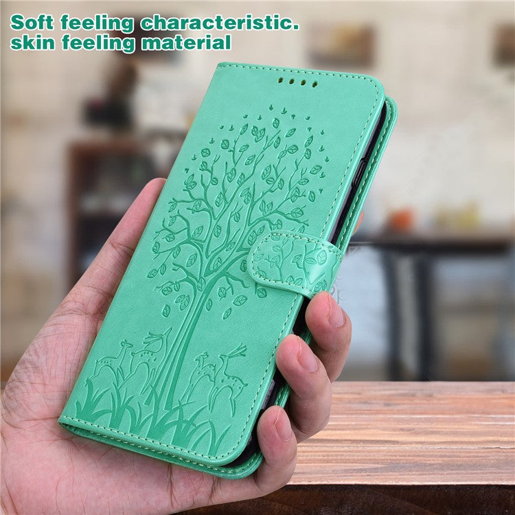 Tree and Deer Imprinted Wallet Stand Design All-round Protection Double-sided Magnetic Clasp Leather Phone Shell Case for Google Pixel 5a 5G - Green