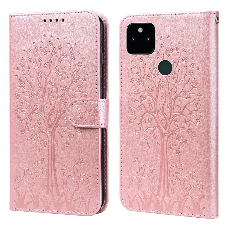 Tree and Deer Imprinted Wallet Stand Design All-round Protection Double-sided Magnetic Clasp Leather Phone Shell Case for Google Pixel 5a 5G - Pink