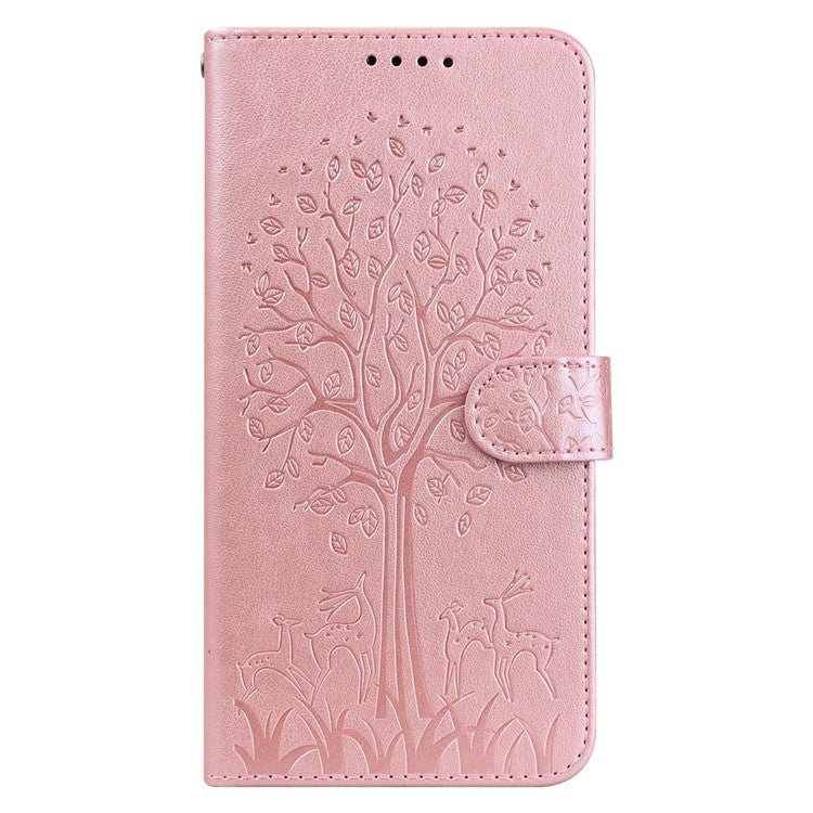 Tree and Deer Imprinted Wallet Stand Design All-round Protection Double-sided Magnetic Clasp Leather Phone Shell Case for Google Pixel 5a 5G - Pink