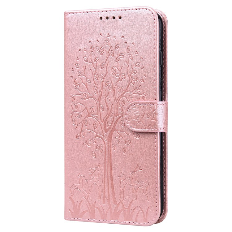 Tree and Deer Imprinted Wallet Stand Design All-round Protection Double-sided Magnetic Clasp Leather Phone Shell Case for Google Pixel 5a 5G - Pink