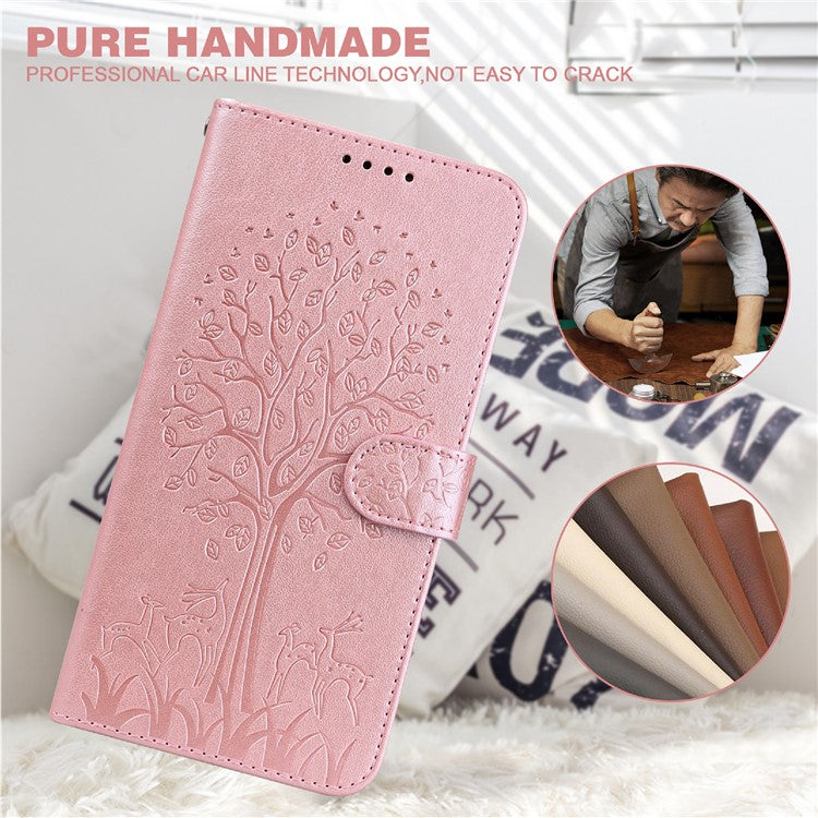 Tree and Deer Imprinted Wallet Stand Design All-round Protection Double-sided Magnetic Clasp Leather Phone Shell Case for Google Pixel 5a 5G - Pink