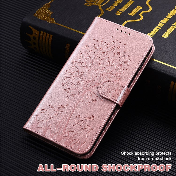 Tree and Deer Imprinted Wallet Stand Design All-round Protection Double-sided Magnetic Clasp Leather Phone Shell Case for Google Pixel 5a 5G - Pink