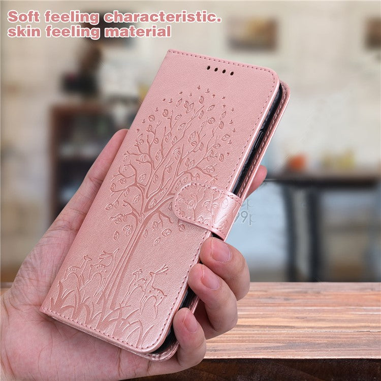 Tree and Deer Imprinted Wallet Stand Design All-round Protection Double-sided Magnetic Clasp Leather Phone Shell Case for Google Pixel 5a 5G - Pink