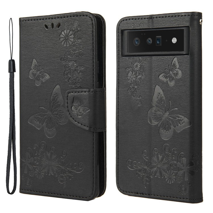 For Google Pixel 6 Pro Imprinted Butterflies Flower Leather Case Wallet Stand Phone Cover Shell - Black