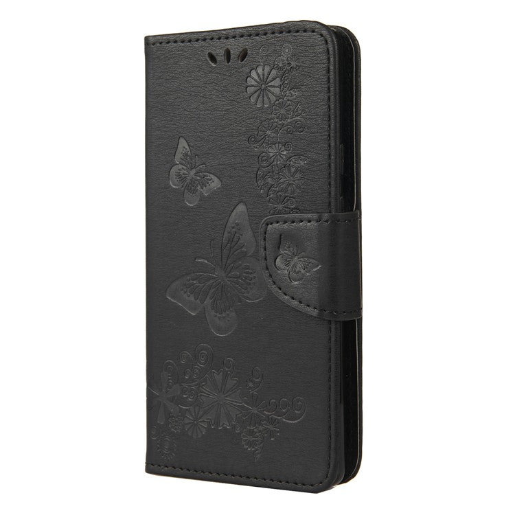 For Google Pixel 6 Pro Imprinted Butterflies Flower Leather Case Wallet Stand Phone Cover Shell - Black