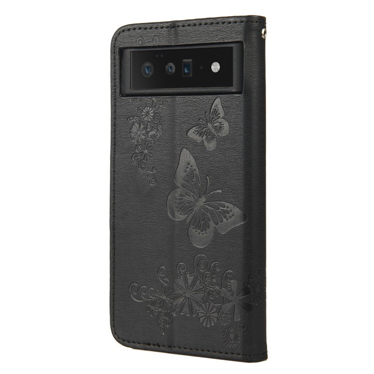 For Google Pixel 6 Pro Imprinted Butterflies Flower Leather Case Wallet Stand Phone Cover Shell - Black