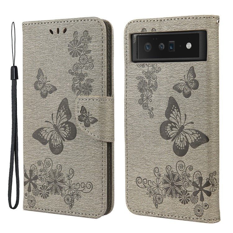 For Google Pixel 6 Pro Imprinted Butterflies Flower Leather Case Wallet Stand Phone Cover Shell - Grey