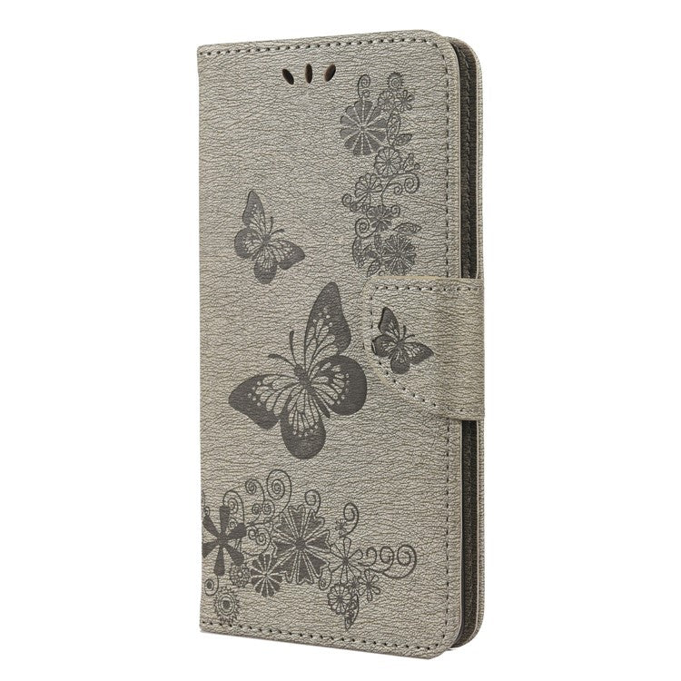 For Google Pixel 6 Pro Imprinted Butterflies Flower Leather Case Wallet Stand Phone Cover Shell - Grey