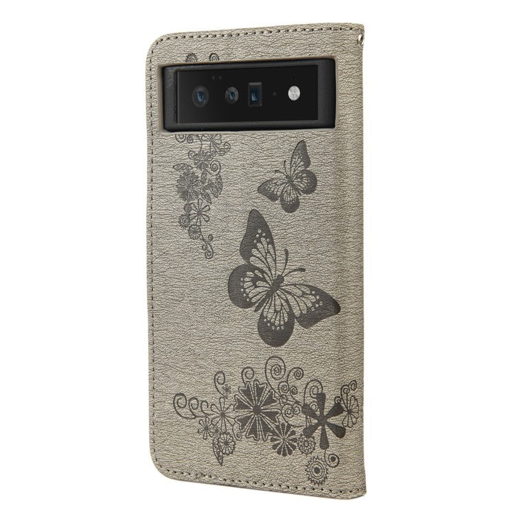 For Google Pixel 6 Pro Imprinted Butterflies Flower Leather Case Wallet Stand Phone Cover Shell - Grey