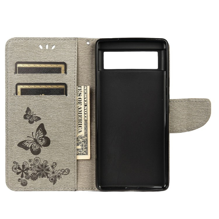 For Google Pixel 6 Pro Imprinted Butterflies Flower Leather Case Wallet Stand Phone Cover Shell - Grey