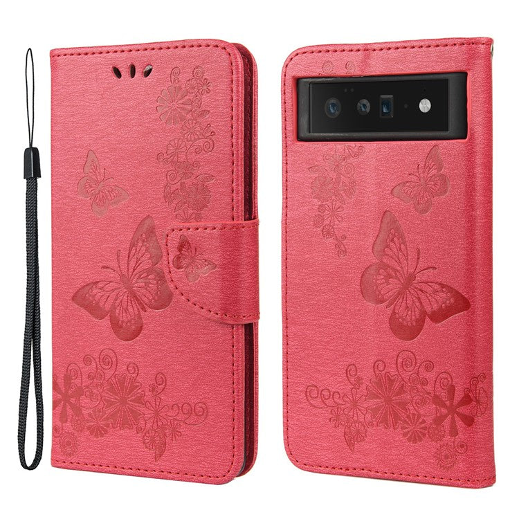 For Google Pixel 6 Pro Imprinted Butterflies Flower Leather Case Wallet Stand Phone Cover Shell - Red