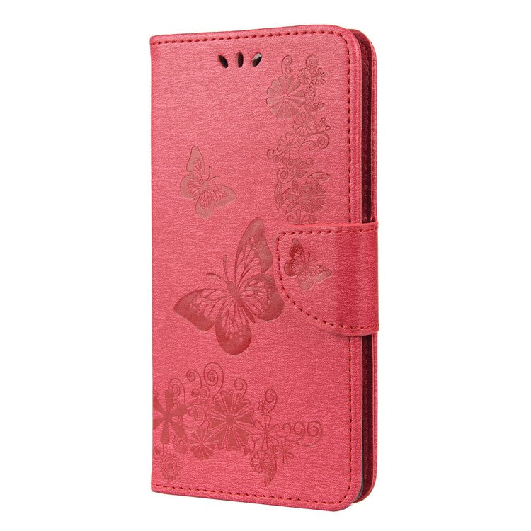 For Google Pixel 6 Pro Imprinted Butterflies Flower Leather Case Wallet Stand Phone Cover Shell - Red