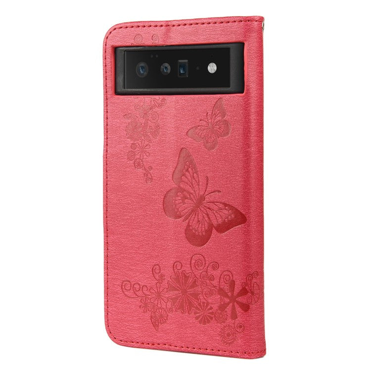 For Google Pixel 6 Pro Imprinted Butterflies Flower Leather Case Wallet Stand Phone Cover Shell - Red