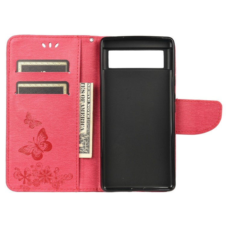 For Google Pixel 6 Pro Imprinted Butterflies Flower Leather Case Wallet Stand Phone Cover Shell - Red