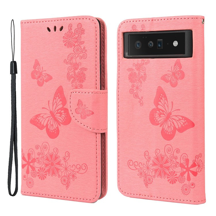 For Google Pixel 6 Pro Imprinted Butterflies Flower Leather Case Wallet Stand Phone Cover Shell - Pink