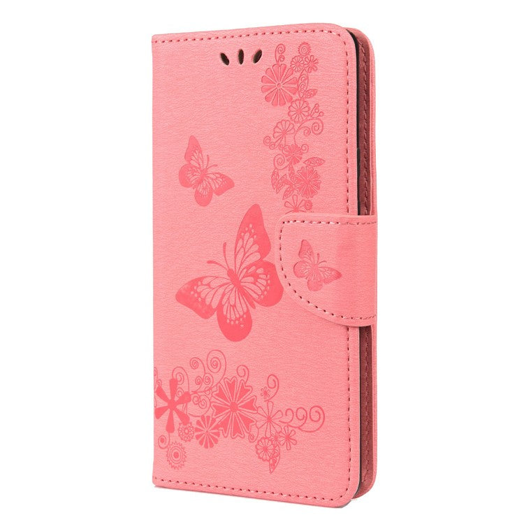 For Google Pixel 6 Pro Imprinted Butterflies Flower Leather Case Wallet Stand Phone Cover Shell - Pink