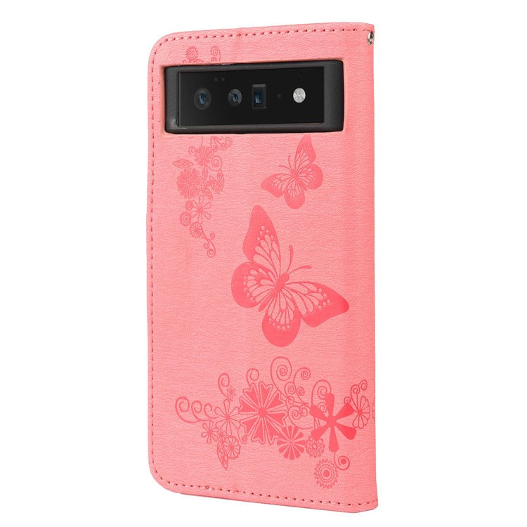 For Google Pixel 6 Pro Imprinted Butterflies Flower Leather Case Wallet Stand Phone Cover Shell - Pink