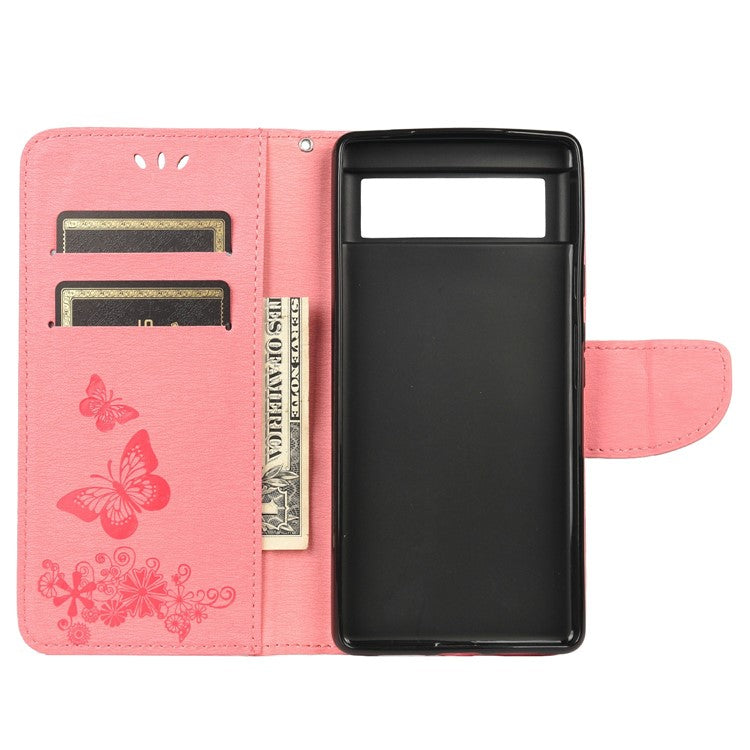 For Google Pixel 6 Pro Imprinted Butterflies Flower Leather Case Wallet Stand Phone Cover Shell - Pink