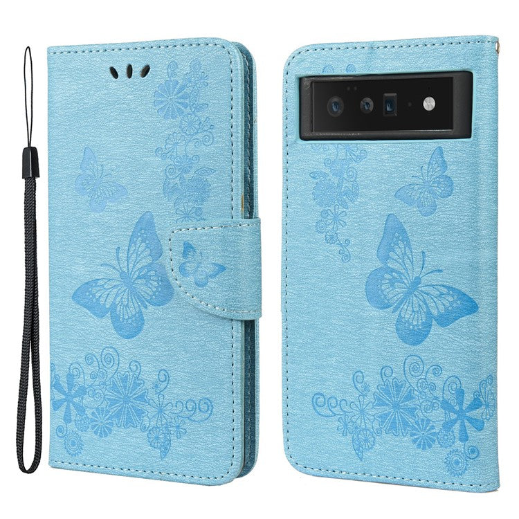 For Google Pixel 6 Pro Imprinted Butterflies Flower Leather Case Wallet Stand Phone Cover Shell - Blue