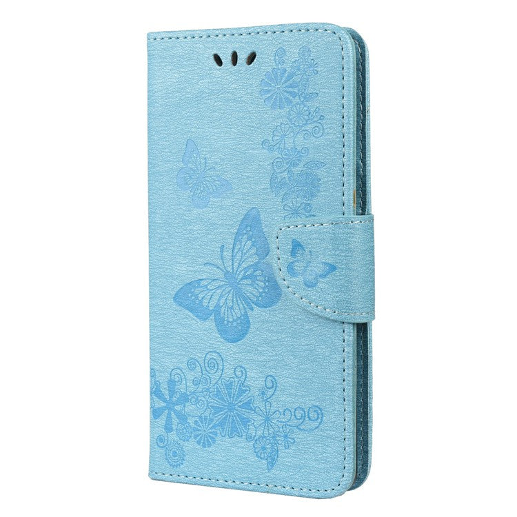 For Google Pixel 6 Pro Imprinted Butterflies Flower Leather Case Wallet Stand Phone Cover Shell - Blue