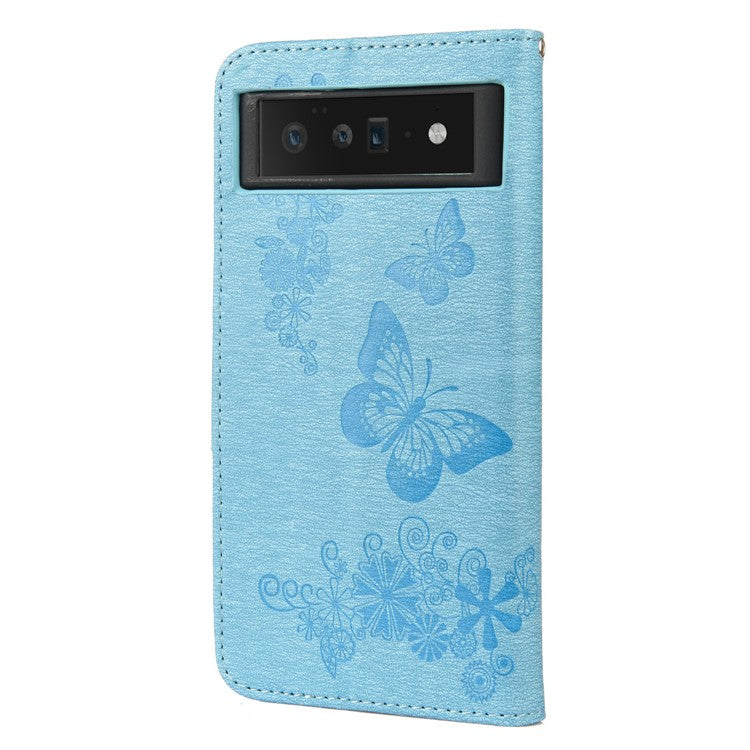 For Google Pixel 6 Pro Imprinted Butterflies Flower Leather Case Wallet Stand Phone Cover Shell - Blue