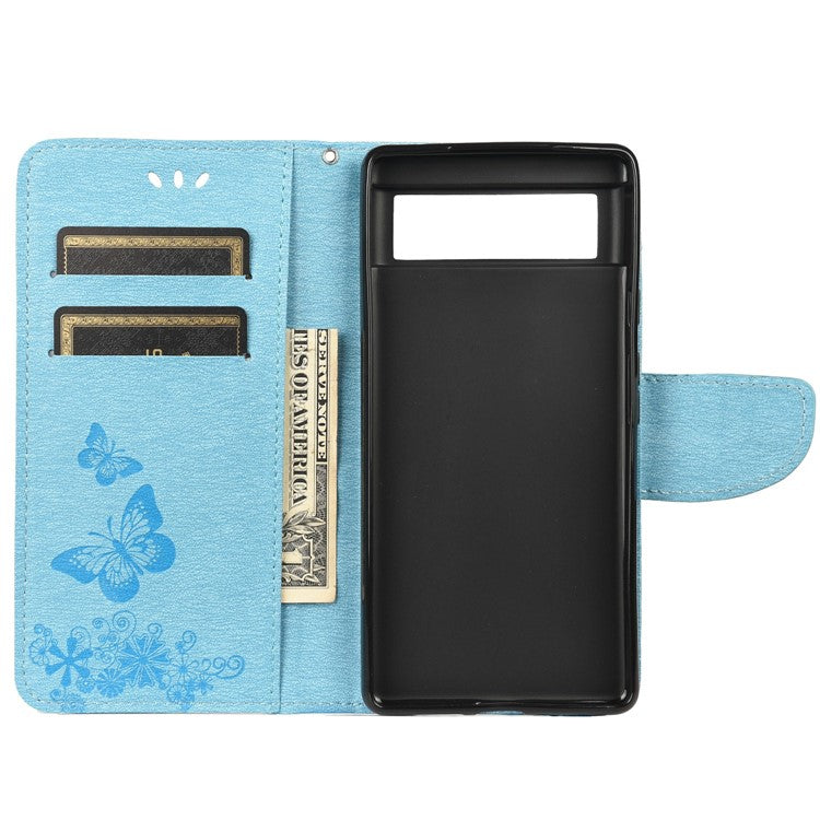 For Google Pixel 6 Pro Imprinted Butterflies Flower Leather Case Wallet Stand Phone Cover Shell - Blue