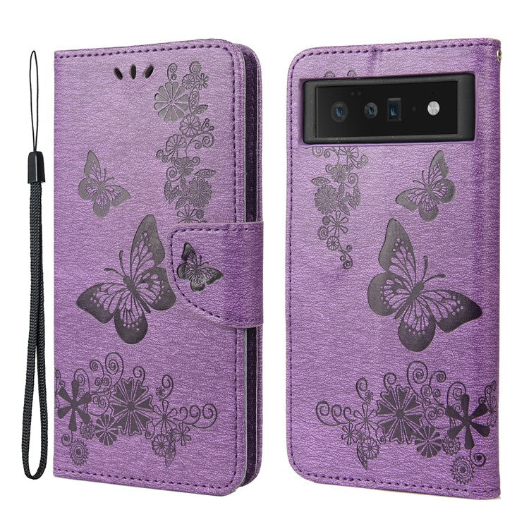 For Google Pixel 6 Pro Imprinted Butterflies Flower Leather Case Wallet Stand Phone Cover Shell - Purple