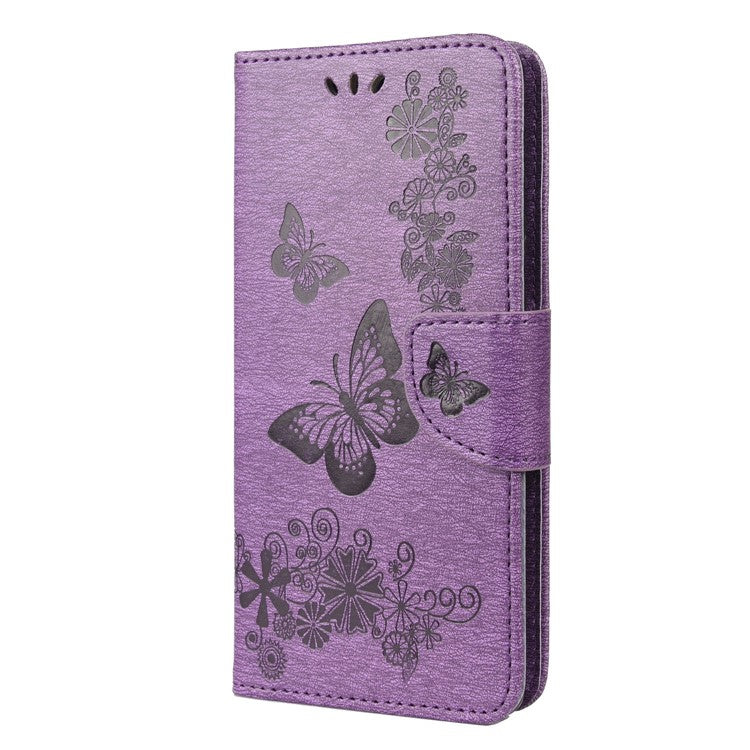 For Google Pixel 6 Pro Imprinted Butterflies Flower Leather Case Wallet Stand Phone Cover Shell - Purple