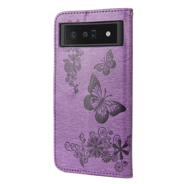 For Google Pixel 6 Pro Imprinted Butterflies Flower Leather Case Wallet Stand Phone Cover Shell - Purple