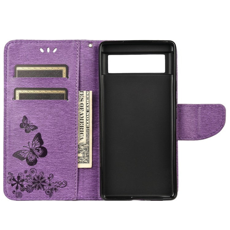 For Google Pixel 6 Pro Imprinted Butterflies Flower Leather Case Wallet Stand Phone Cover Shell - Purple