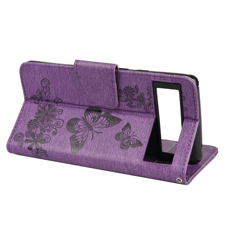 For Google Pixel 6 Pro Imprinted Butterflies Flower Leather Case Wallet Stand Phone Cover Shell - Purple